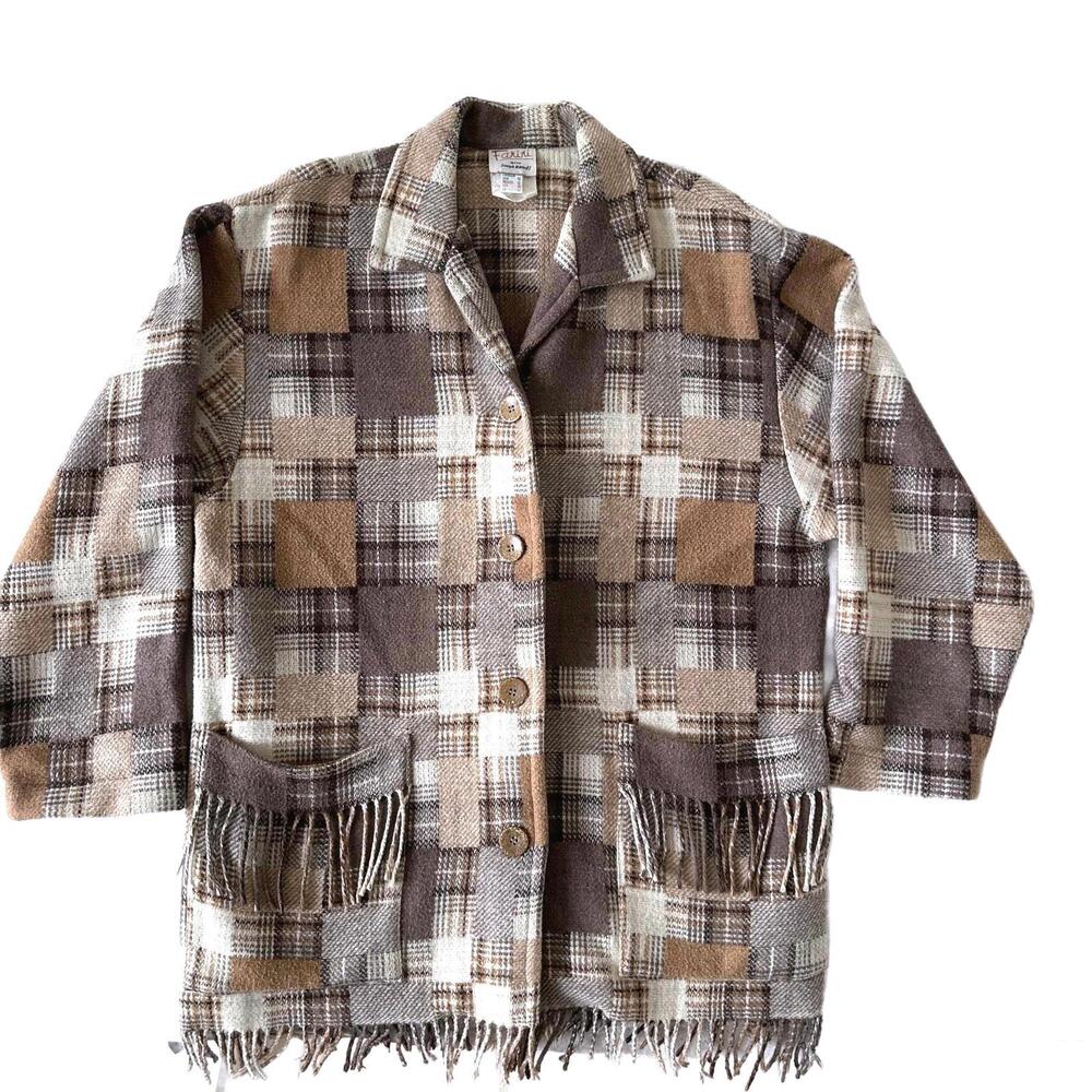 VTG Farini by Joseph Ribkoff Women's Wool Plaid Button-Up Jacket Fringed- 12